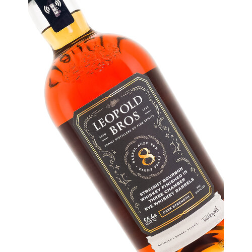 Leopold Bros Straight Bourbon Whiskey Cask Strength Aged 8 Years Finished In Three Chamber Rye Whiskey Barrels, Denver, Colorado Leopold Bros Straight Bourbon Whiskey Cask Strength Aged 8 Years Finished In Three Chamber Rye Whiskey Barrels, Denver, Colorado