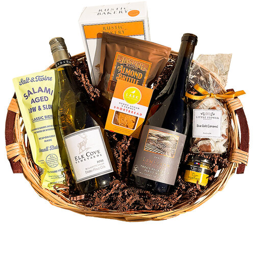 "Northwest Passage" Lemelson Pinot & Elk Cove Pinot Gris Two Bottle Gift Basket "Northwest Passage" Lemelson Pinot & Elk Cove Pinot Gris Two Bottle Gift Basket